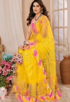 Embroidered Net Saree in Yellow