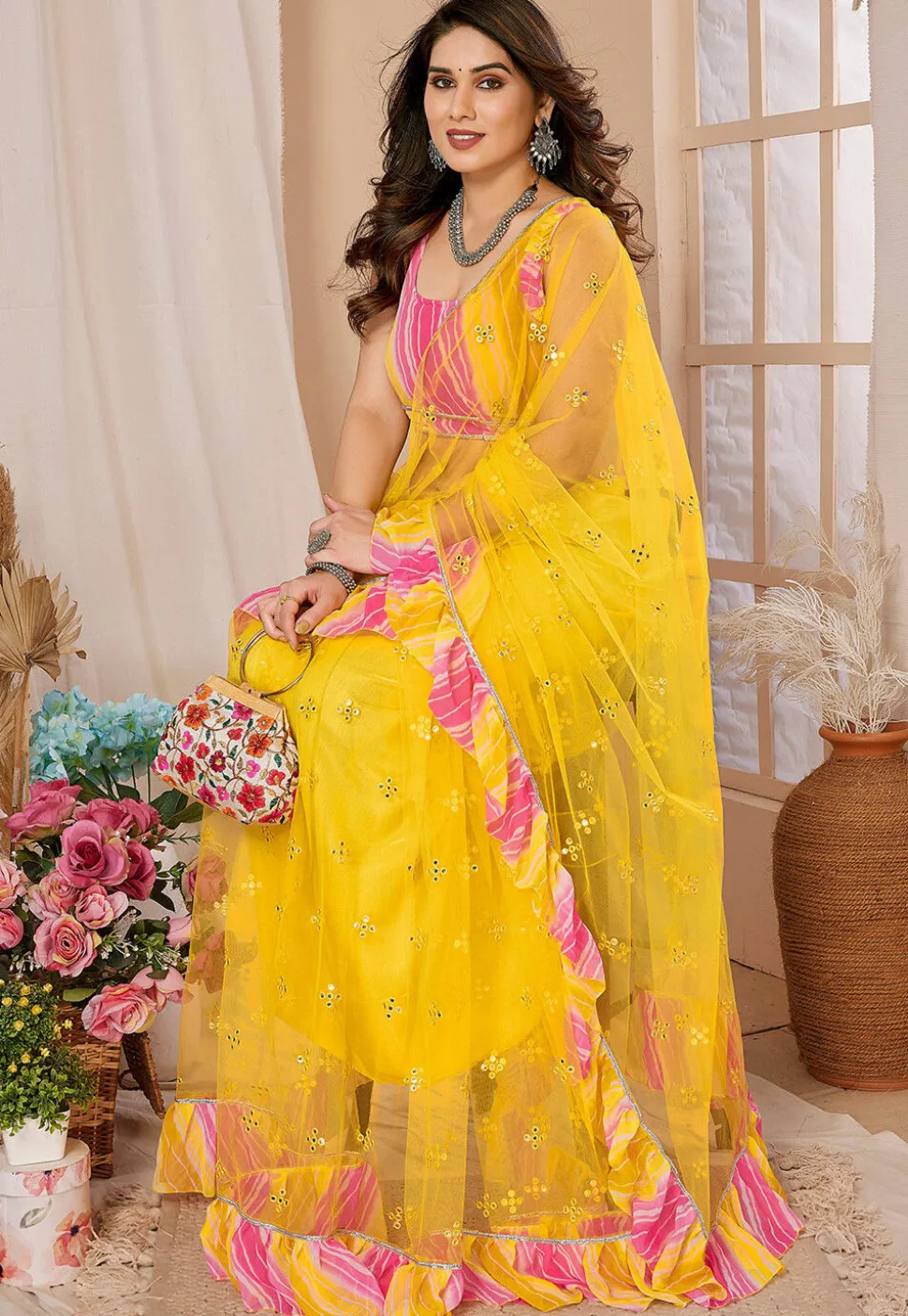Embroidered Net Saree in Yellow