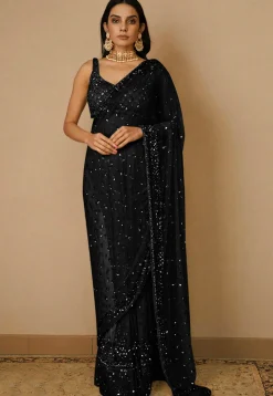 Embroidered Net Saree in Black