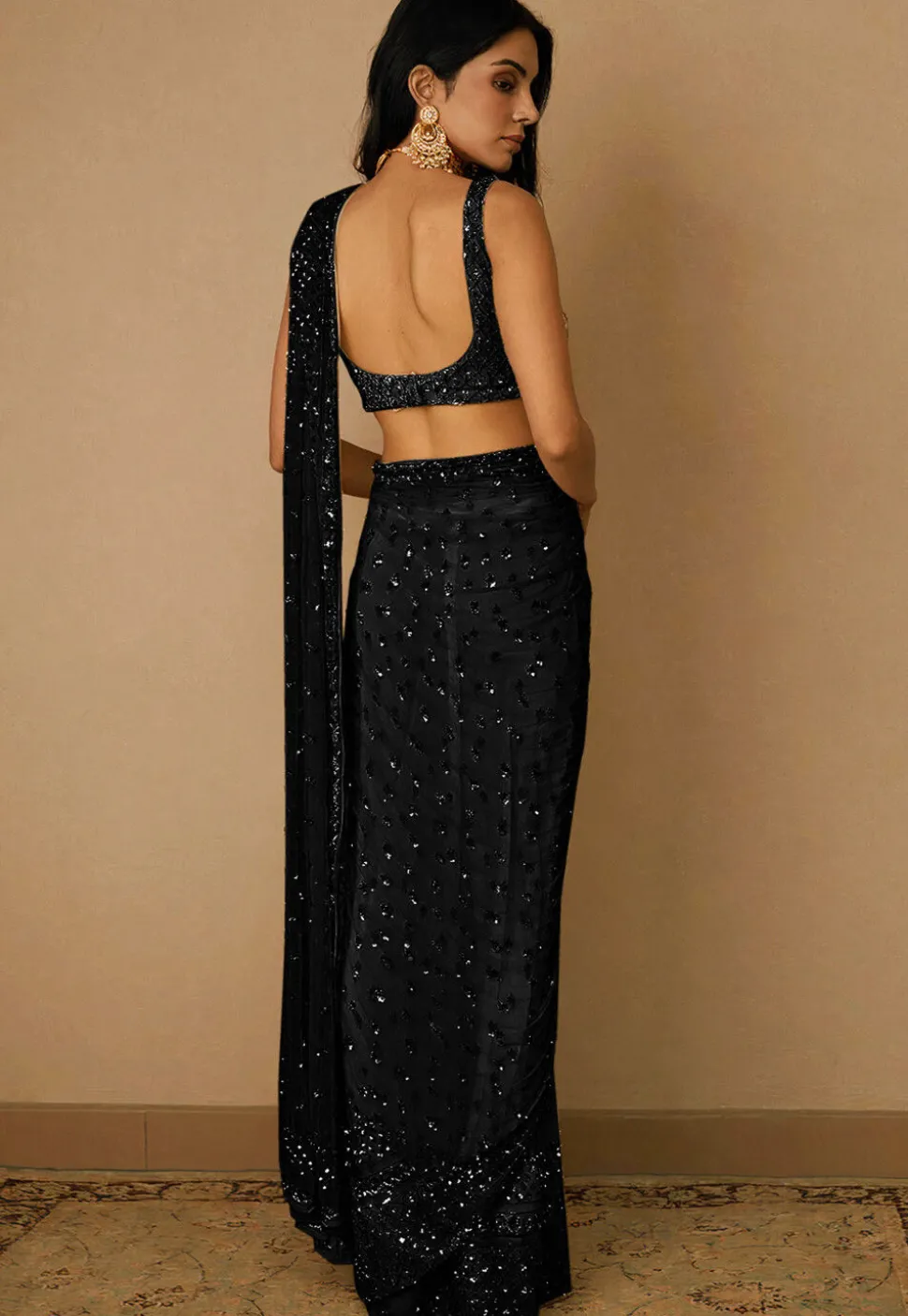 Embroidered Net Saree in Black