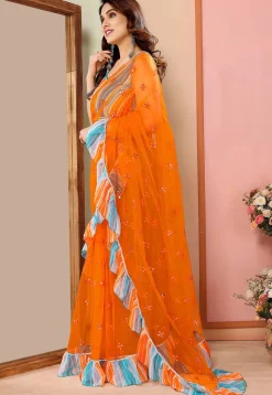 Embroidered Net Saree in Orange