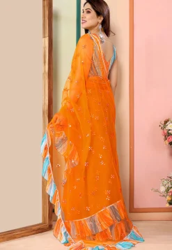 Embroidered Net Saree in Orange