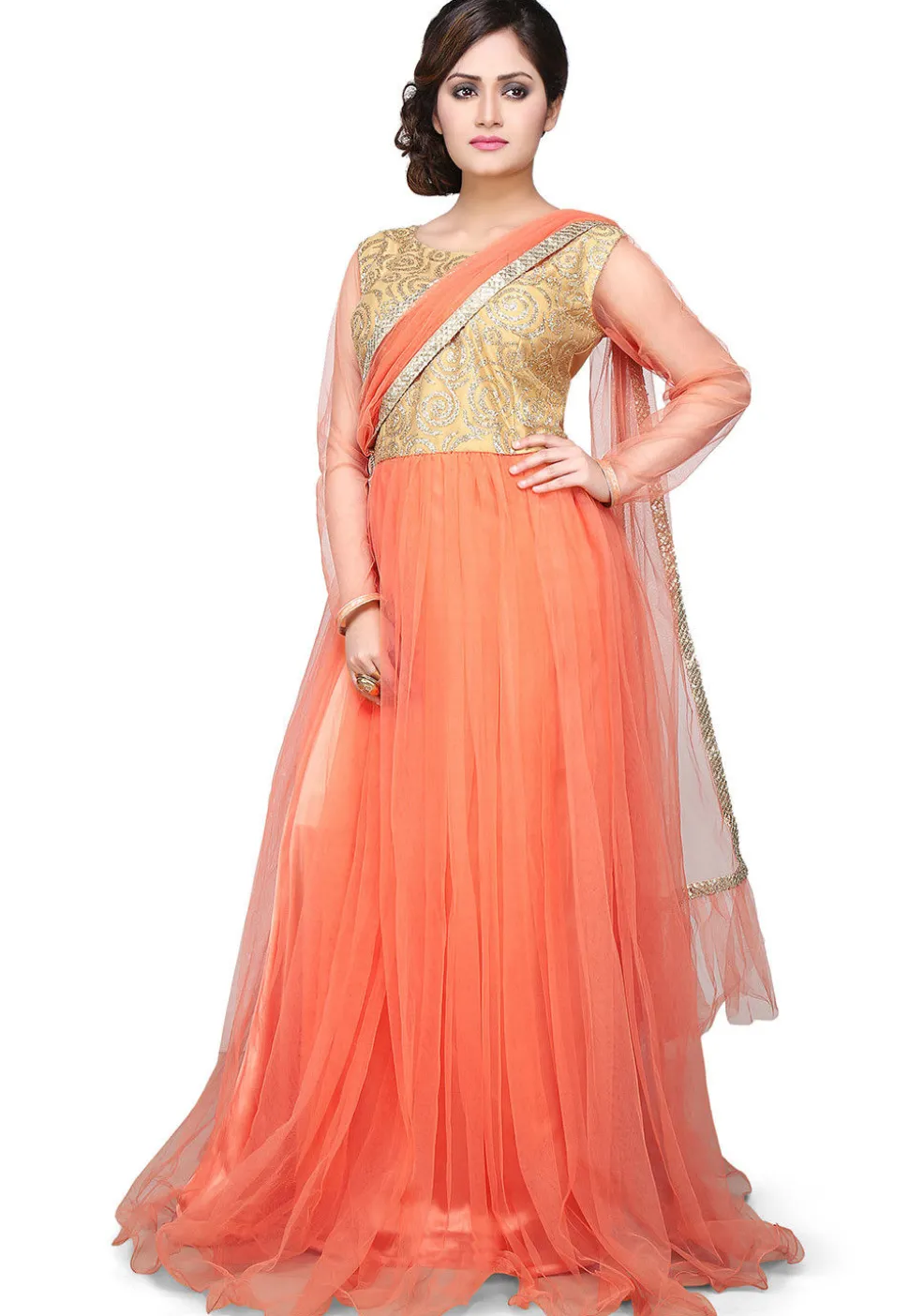 Embroidered Net Saree Style Gown In Peach and Beige