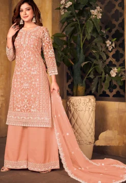 Embroidered Net Scalloped Pakistani Suit in Light Orange