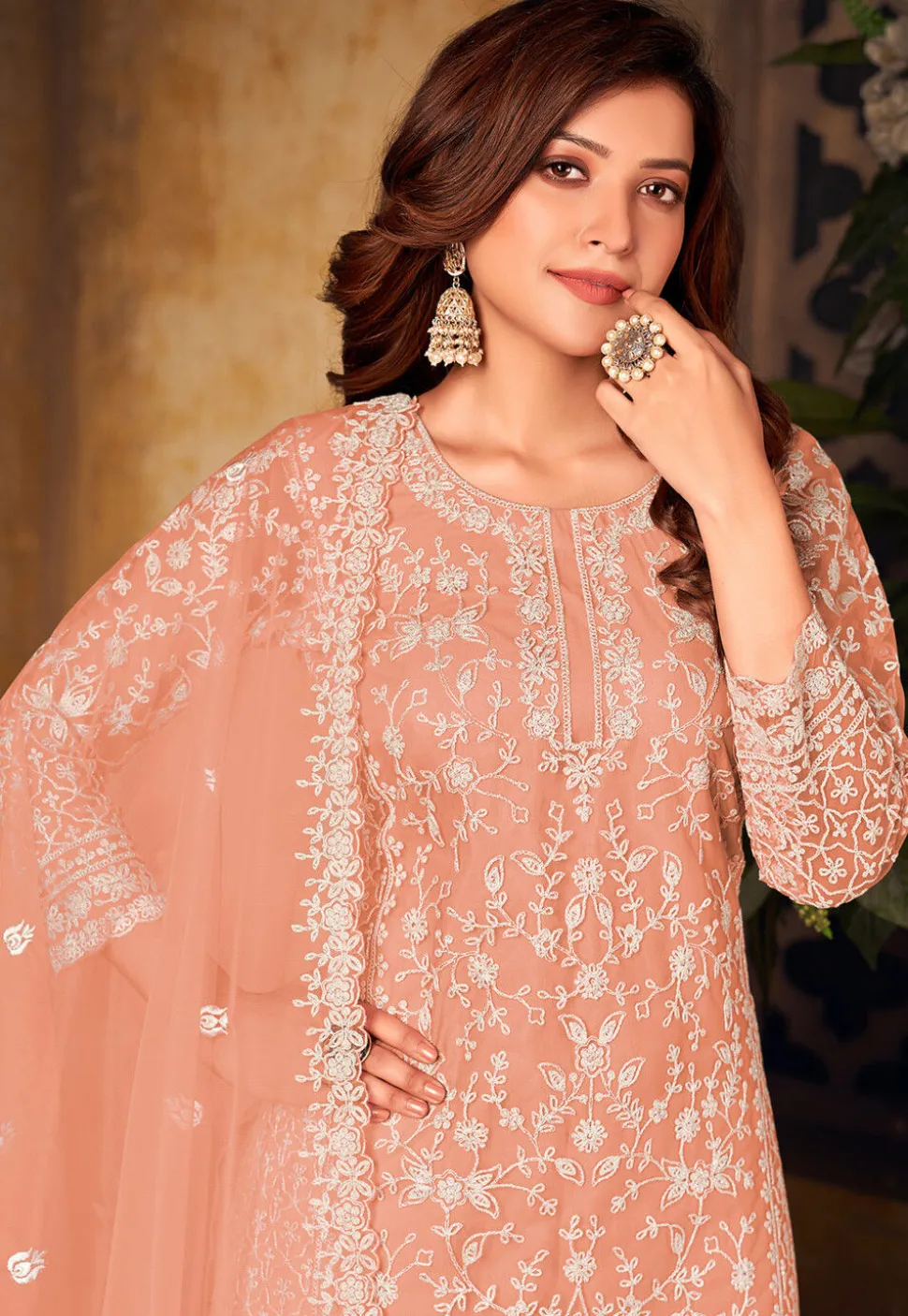 Embroidered Net Scalloped Pakistani Suit in Light Orange