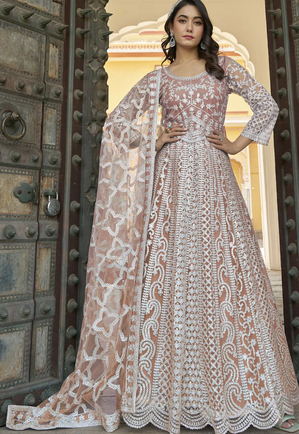 Embroidered Net Scalloped Abaya Style Suit in Peach