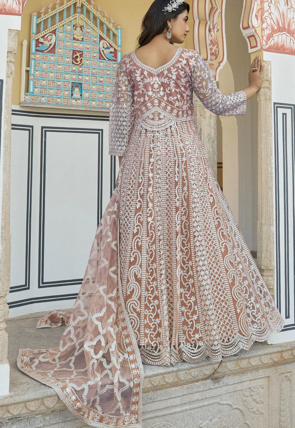 Embroidered Net Scalloped Abaya Style Suit in Peach