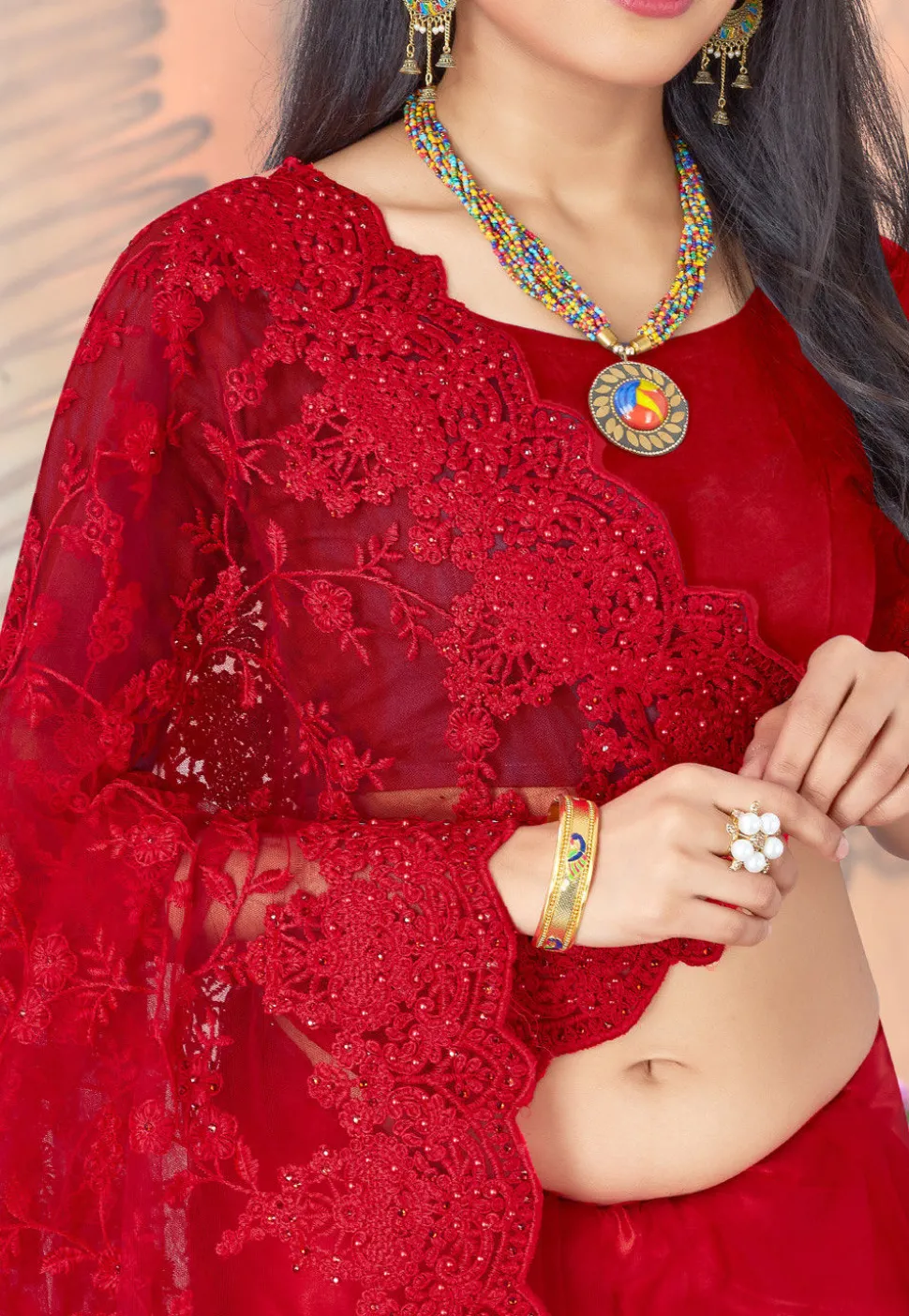 Embroidered Net Scalloped Saree in Red