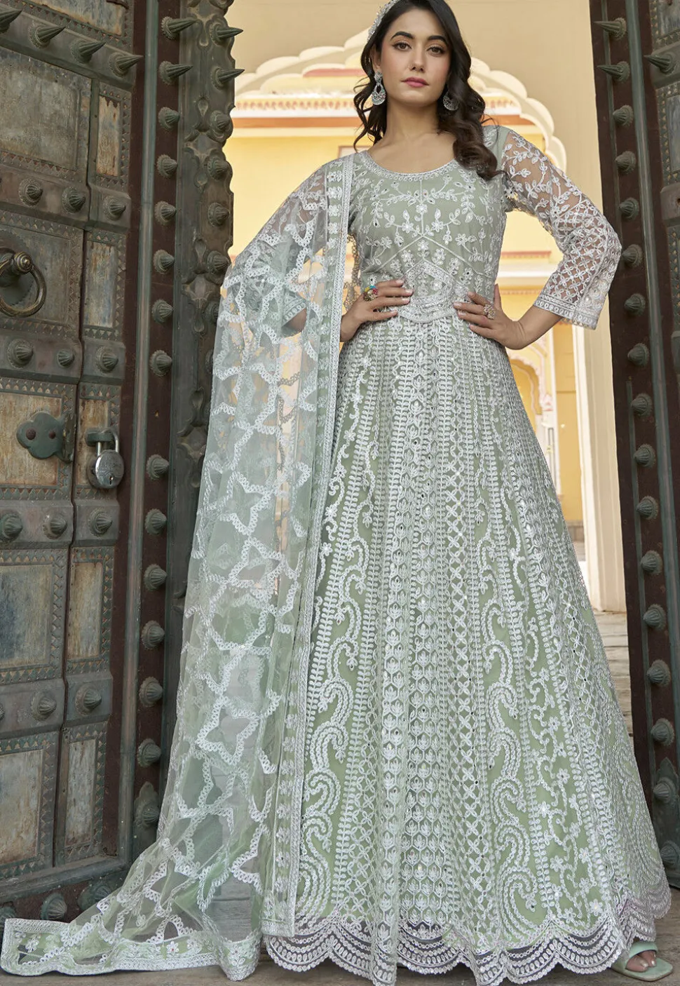 Embroidered Net Scalloped Abaya Style Suit in Light Green