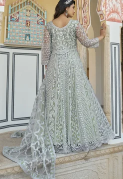 Embroidered Net Scalloped Abaya Style Suit in Light Green
