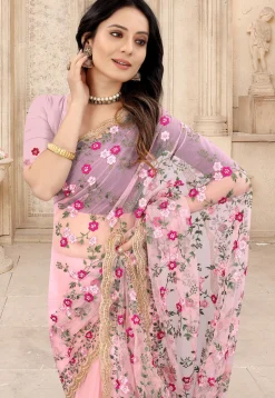 Embroidered Net Scalloped Saree in Light Pink