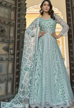 Embroidered Net Scalloped Abaya Style Suit in Light Blue