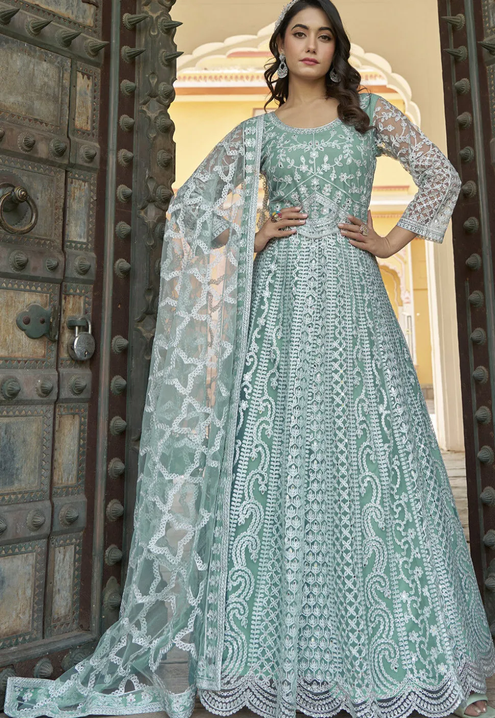 Embroidered Net Scalloped Abaya Style Suit in Light Blue