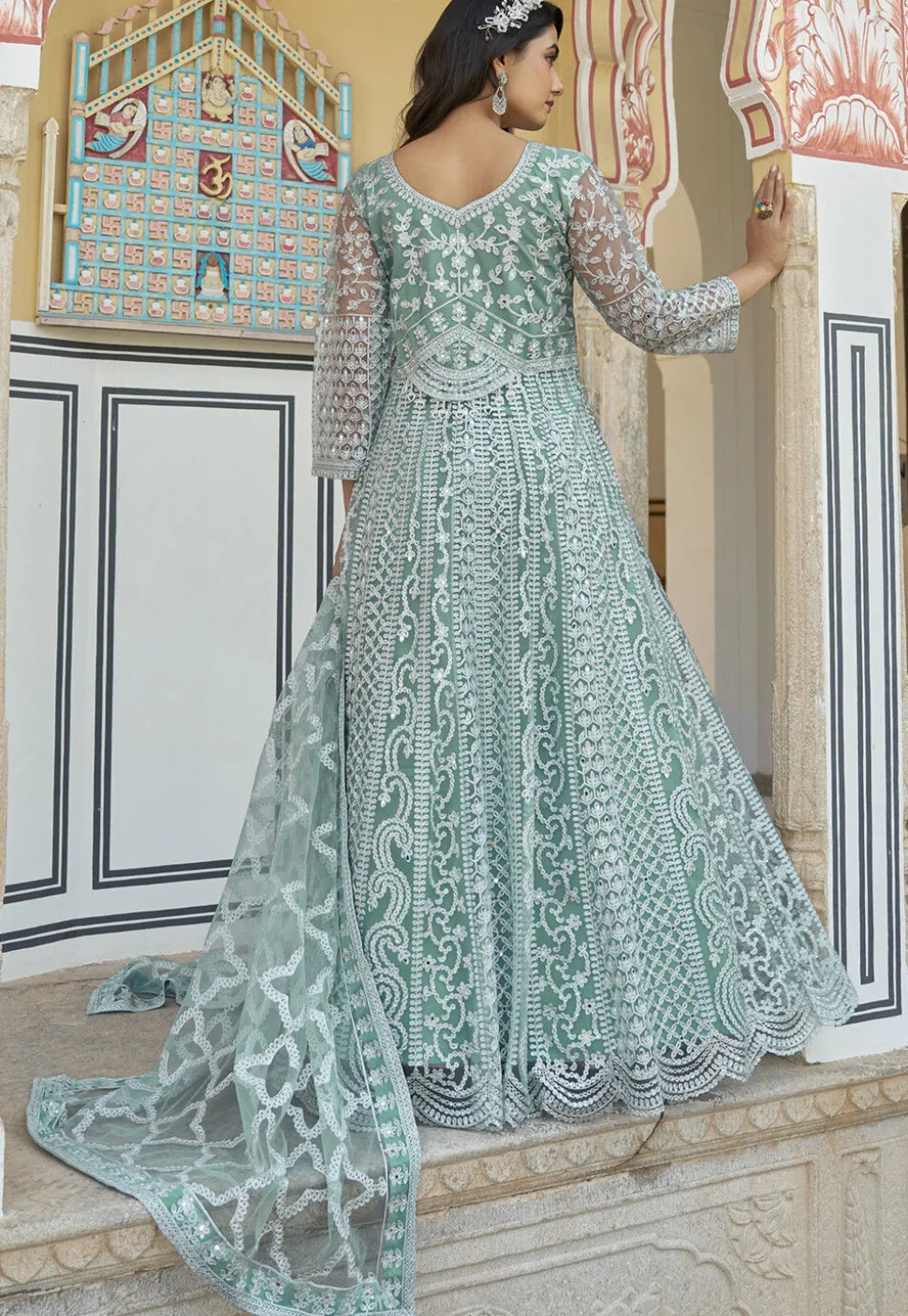 Embroidered Net Scalloped Abaya Style Suit in Light Blue