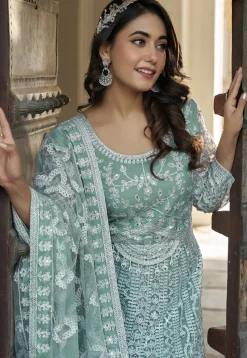 Embroidered Net Scalloped Abaya Style Suit in Light Blue