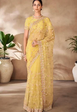 Embroidered Net Scalloped Saree in Yellow