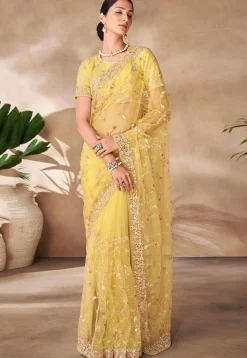 Embroidered Net Scalloped Saree in Yellow