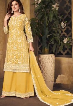 Embroidered Net Scalloped Pakistani Suit in Yellow