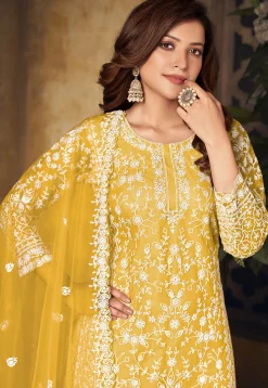 Embroidered Net Scalloped Pakistani Suit in Yellow