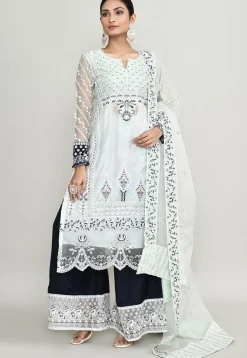 Embroidered Net Scalloped Pakistani Suit in Off White