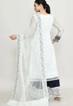 Embroidered Net Scalloped Pakistani Suit in Off White