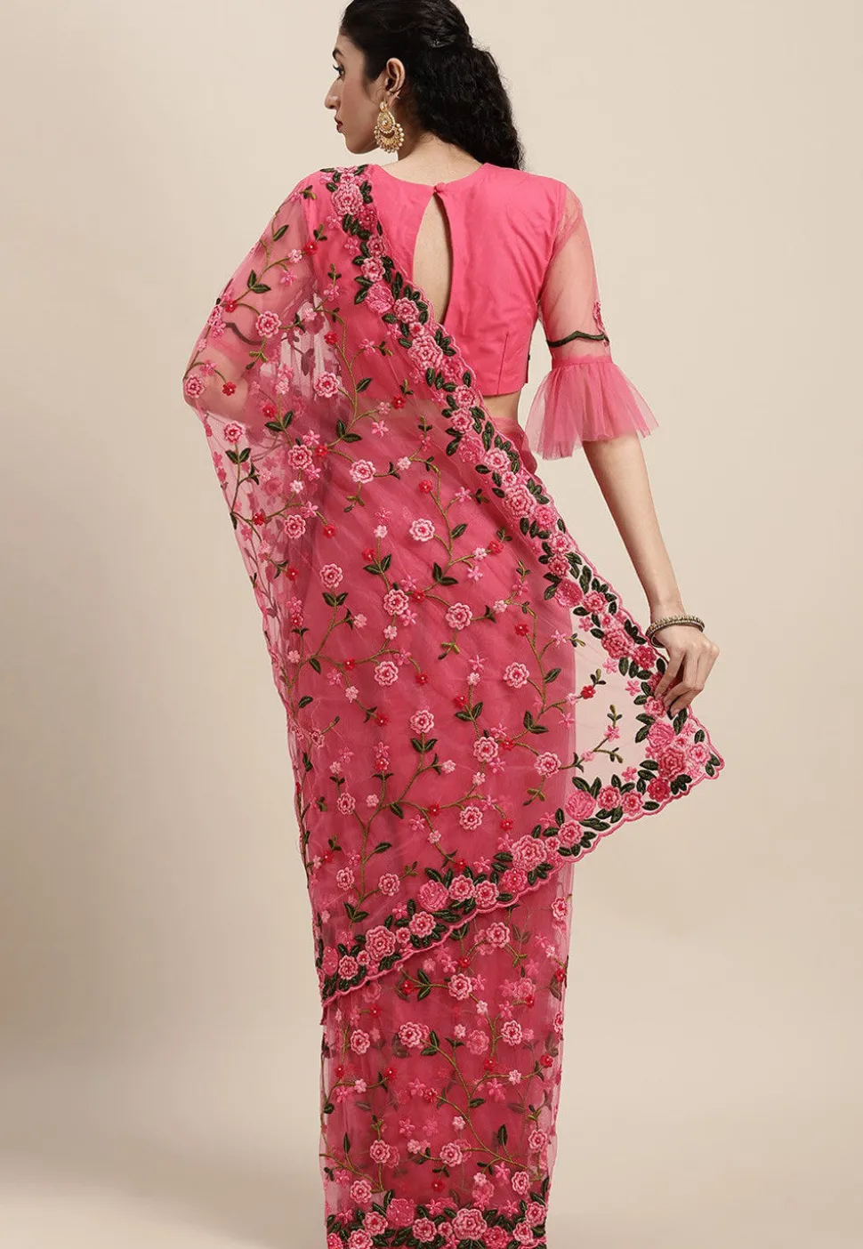 Embroidered Net Scalloped Saree in Pink
