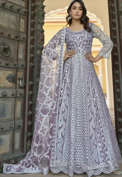 Embroidered Net Scalloped Abaya Style Suit in Purple