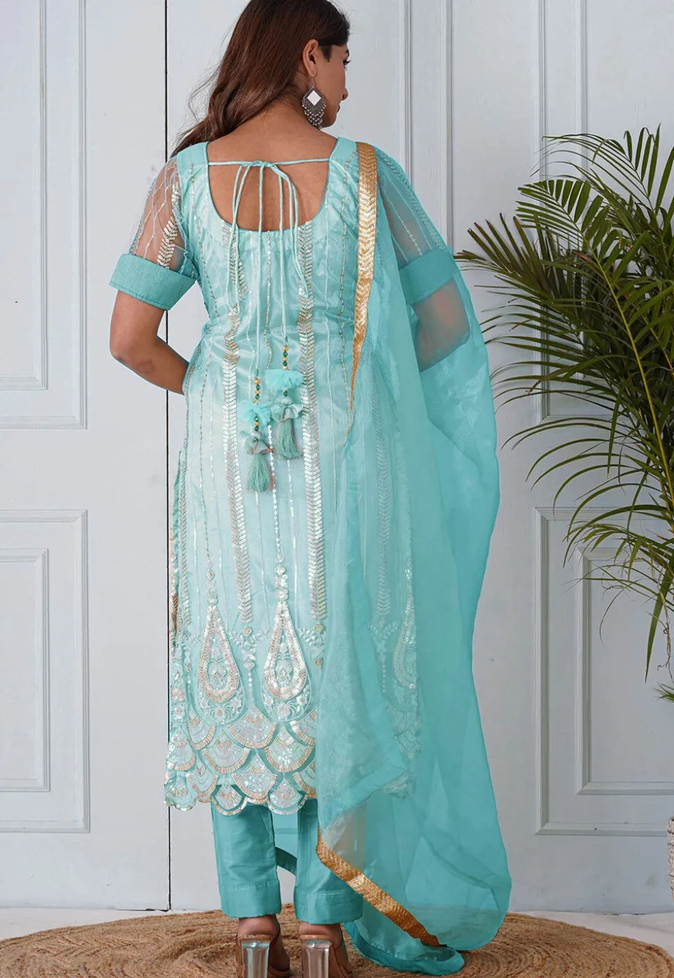 Embroidered Net Scalloped Hem Pakistani Suit in Pastel Blue