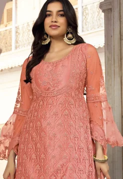 Embroidered Net Scalloped Pakistani Suit in Peach