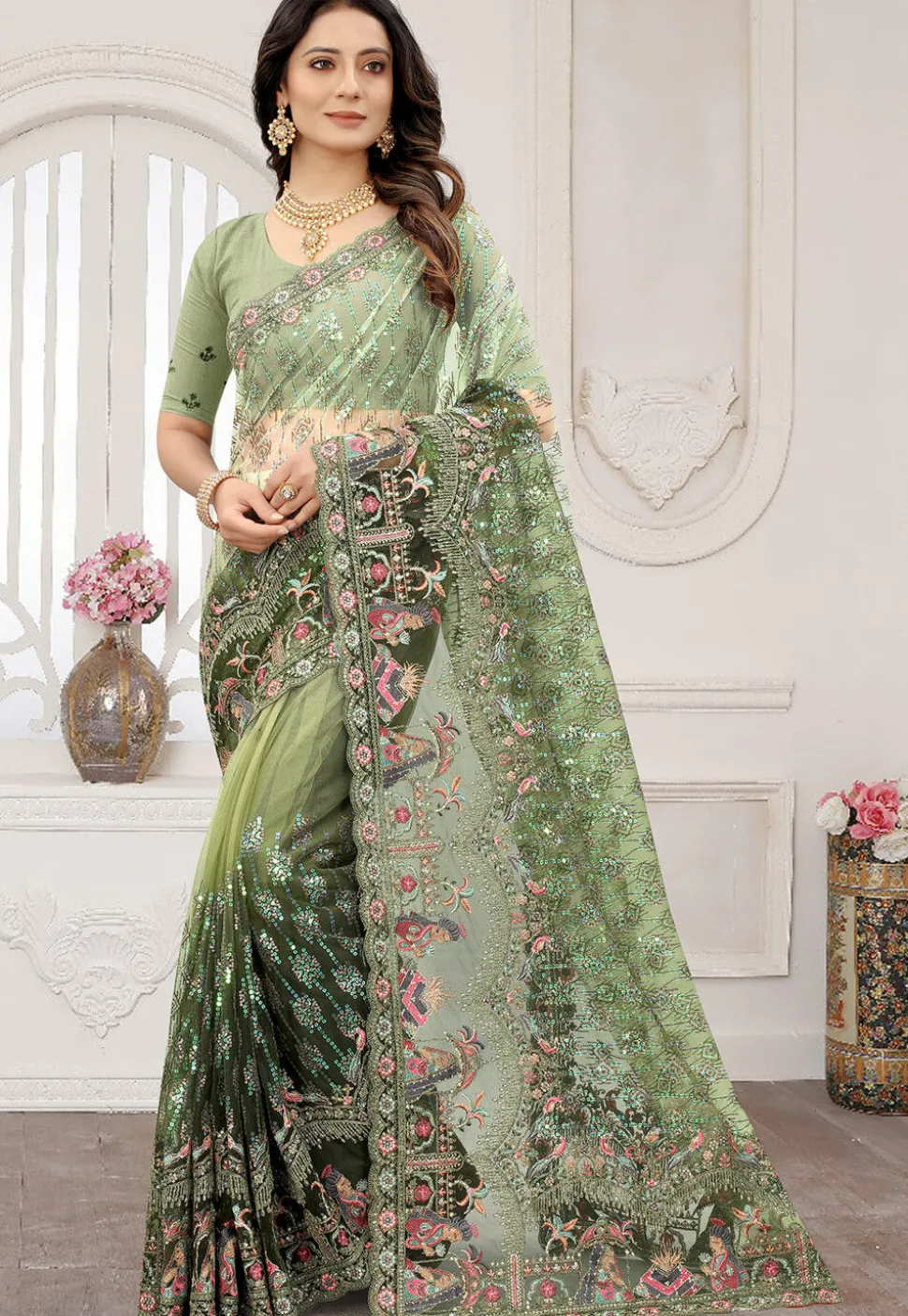 Embroidered Net Scalloped Saree in Shaded Green
