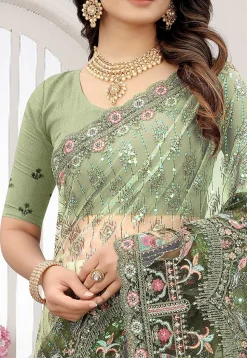 Embroidered Net Scalloped Saree in Shaded Green