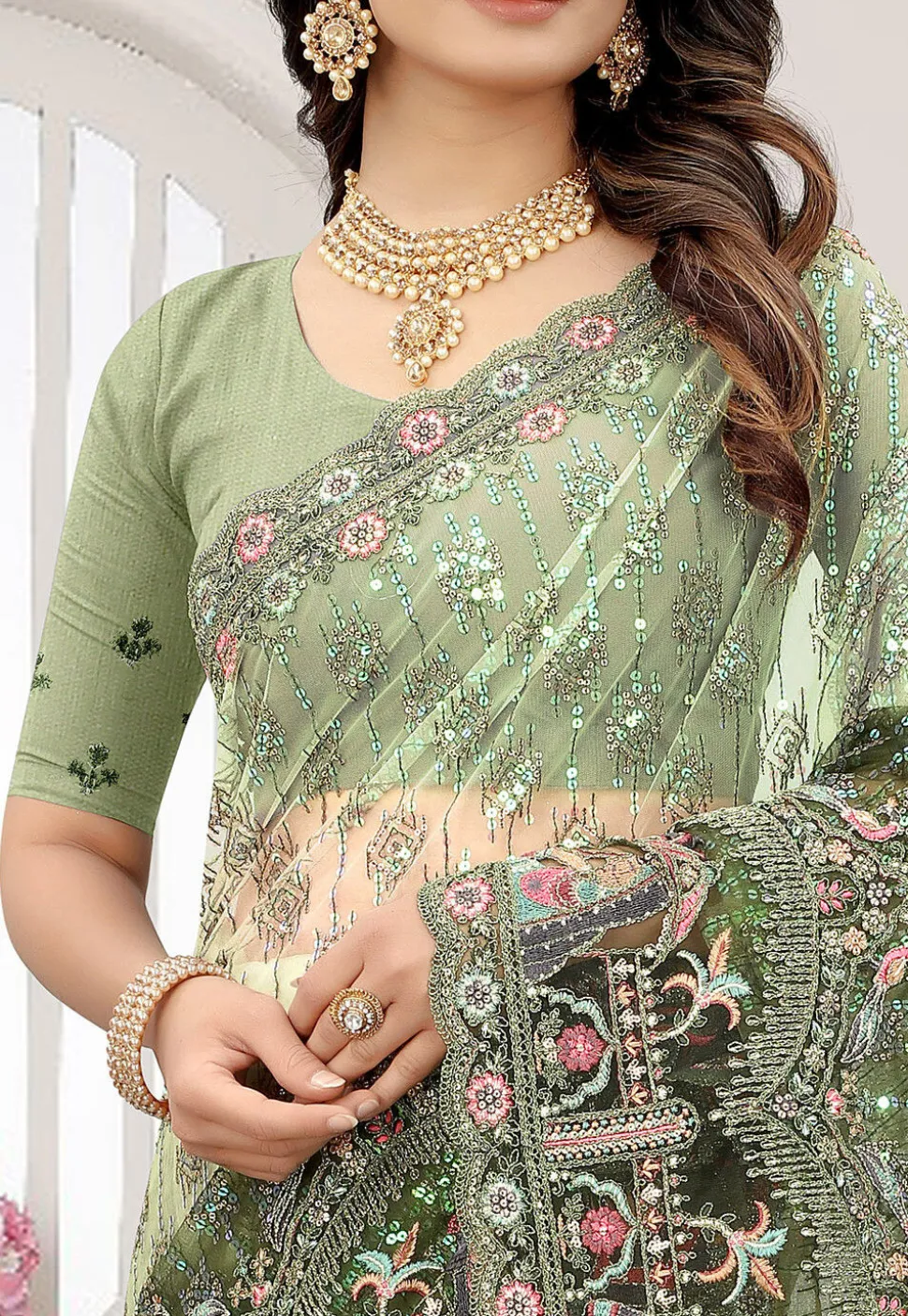 Embroidered Net Scalloped Saree in Shaded Green