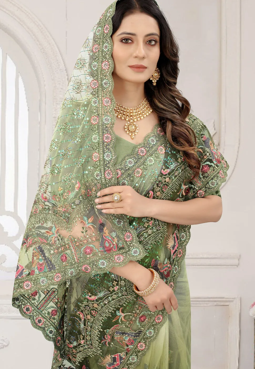 Embroidered Net Scalloped Saree in Shaded Green