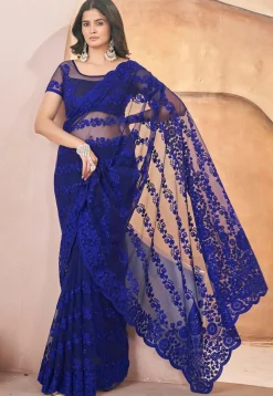 Embroidered Net Scalloped Saree in Dark Blue