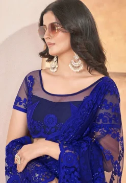 Embroidered Net Scalloped Saree in Dark Blue