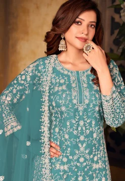 Embroidered Net Scalloped Pakistani Suit in Teal Blue