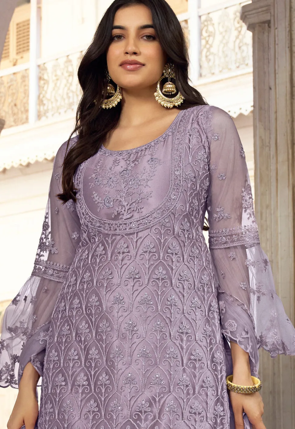Embroidered Net Scalloped Pakistani Suit in Purple