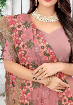 Embroidered Net Scalloped Saree in Light Old Rose