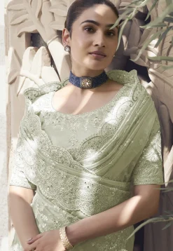 Embroidered Net Scalloped Saree in Light Green