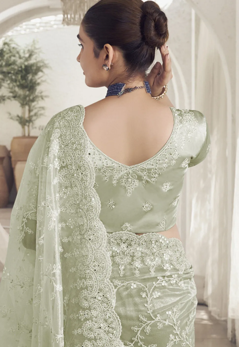 Embroidered Net Scalloped Saree in Light Green