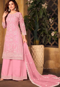 Embroidered Net Scalloped Pakistani Suit in Pink