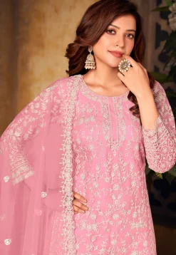 Embroidered Net Scalloped Pakistani Suit in Pink