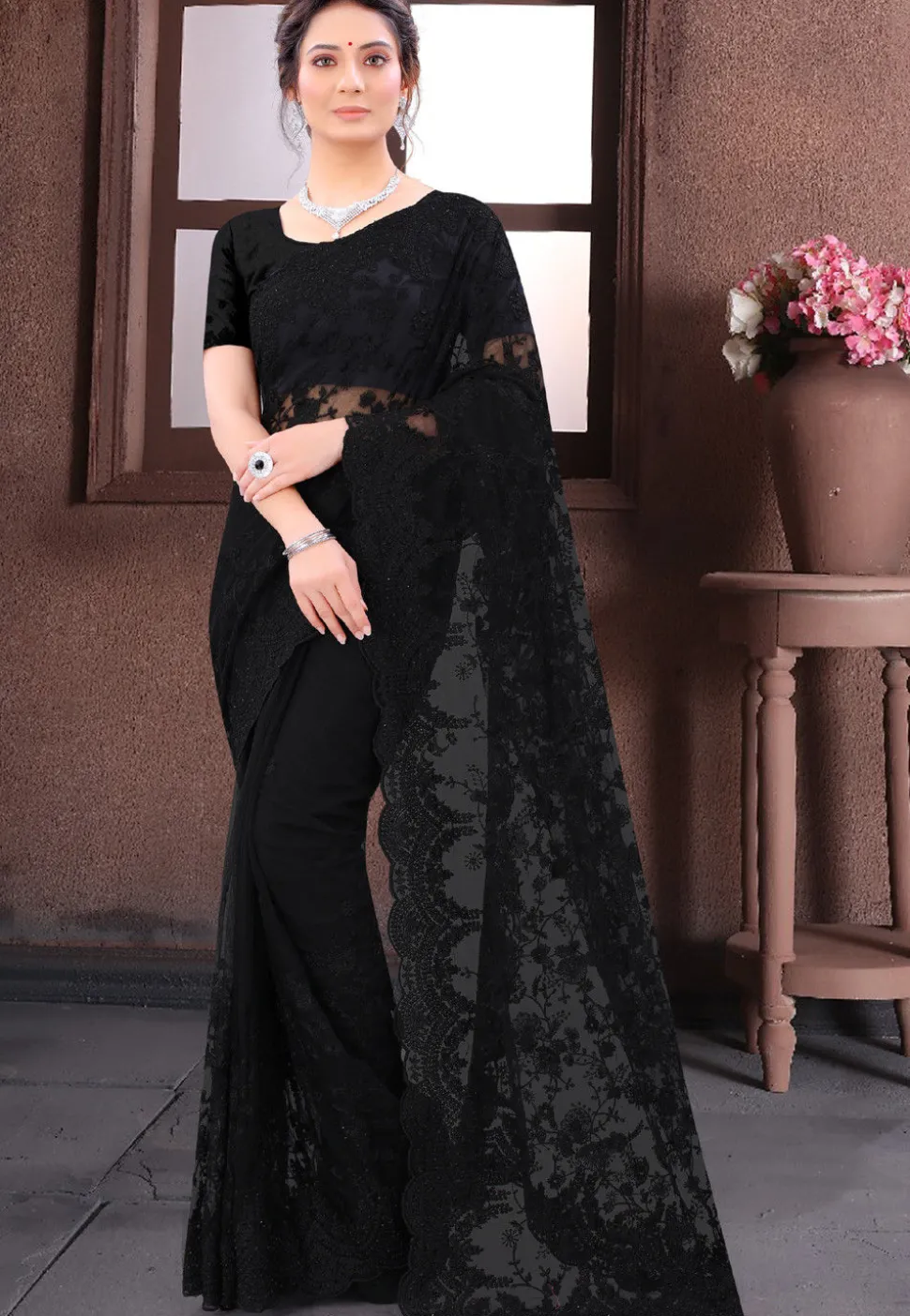Embroidered Net Scalloped Saree in Black