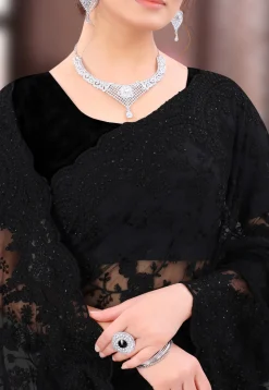Embroidered Net Scalloped Saree in Black