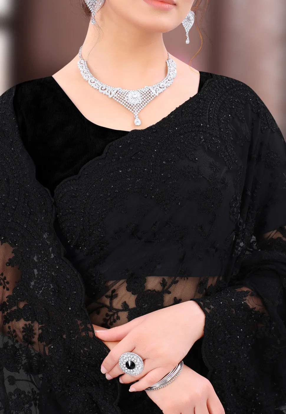 Embroidered Net Scalloped Saree in Black