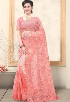Embroidered Net Scalloped Saree in Peach