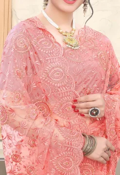Embroidered Net Scalloped Saree in Peach
