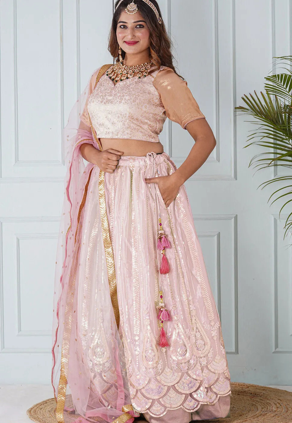 Embroidered Net Scalloped Lehenga in Light Pink
