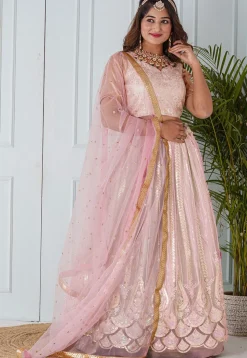 Embroidered Net Scalloped Lehenga in Light Pink