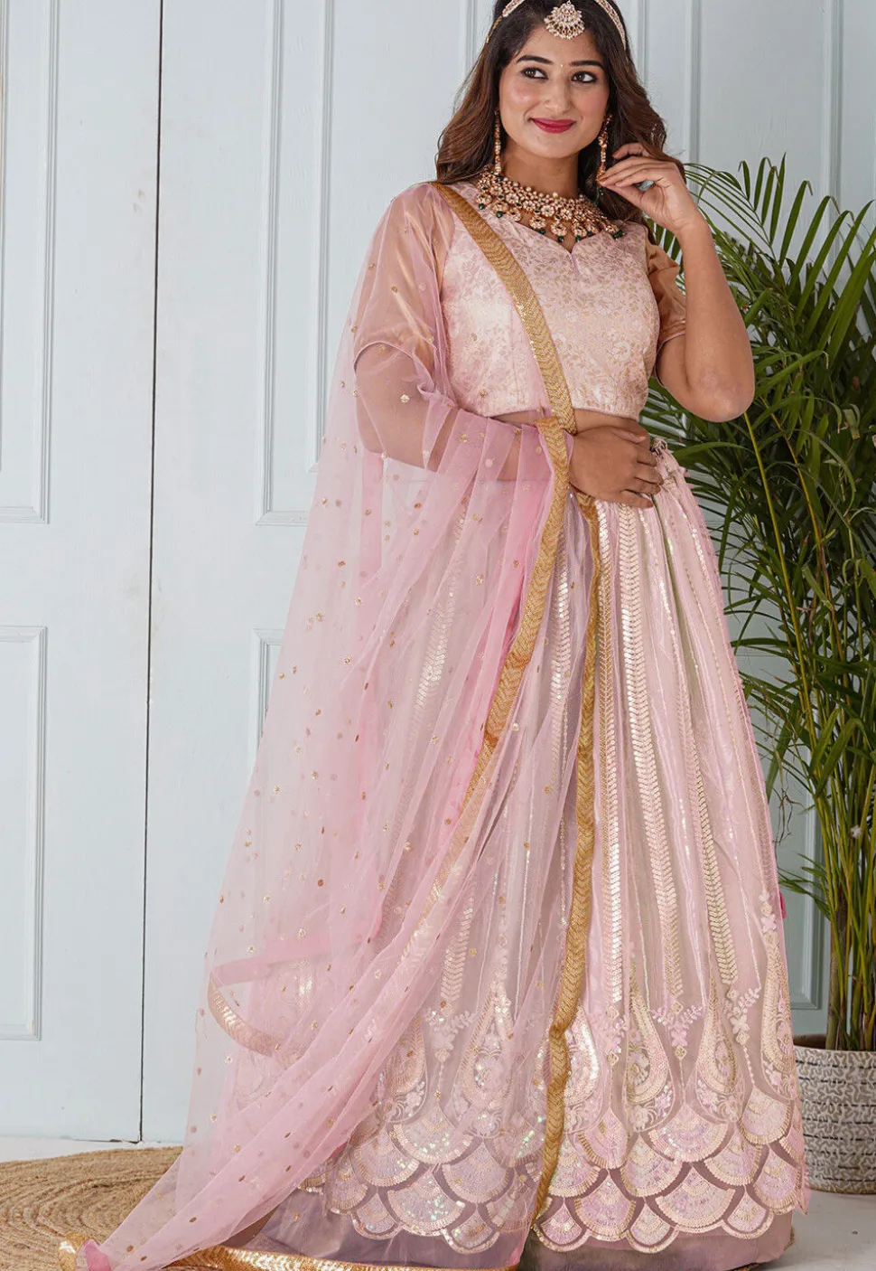 Embroidered Net Scalloped Lehenga in Light Pink